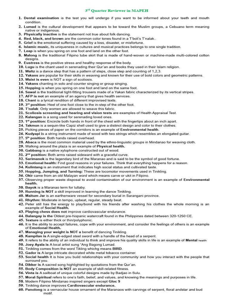 3rd Quarter Reviewer in MAPEH | PDF