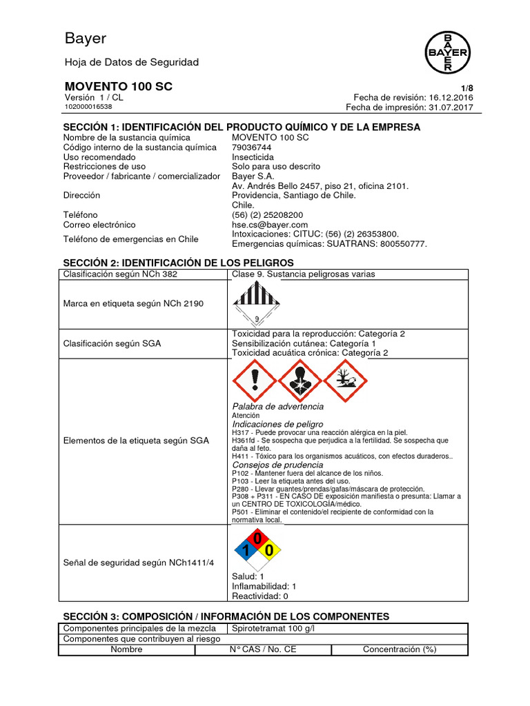 Hoja de Seguridad Movento 100 SC | PDF | Agua | Toxicidad