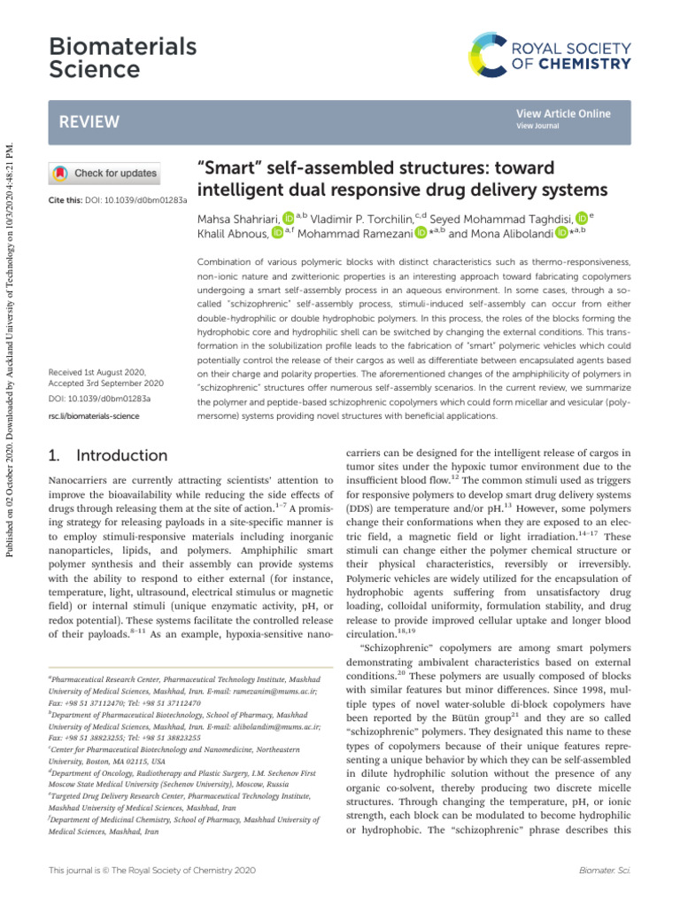 Smart Self-Assembled Drug Delivery Systems | PDF | Copolymer | Physical ...