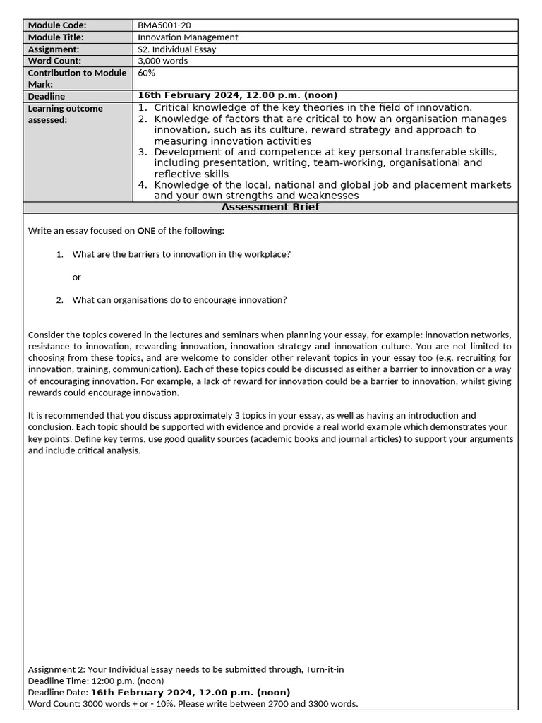 Innovation Management Essay Guidelines | PDF | Innovation | Essays