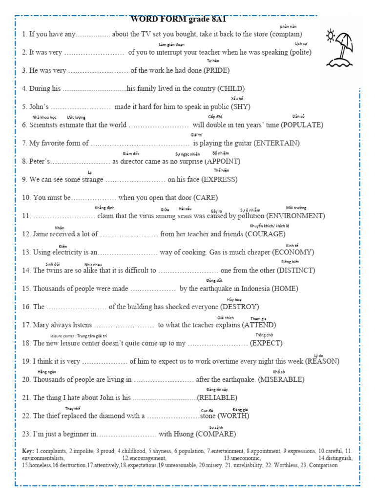 Word Form Exercises for Grade 8 | PDF