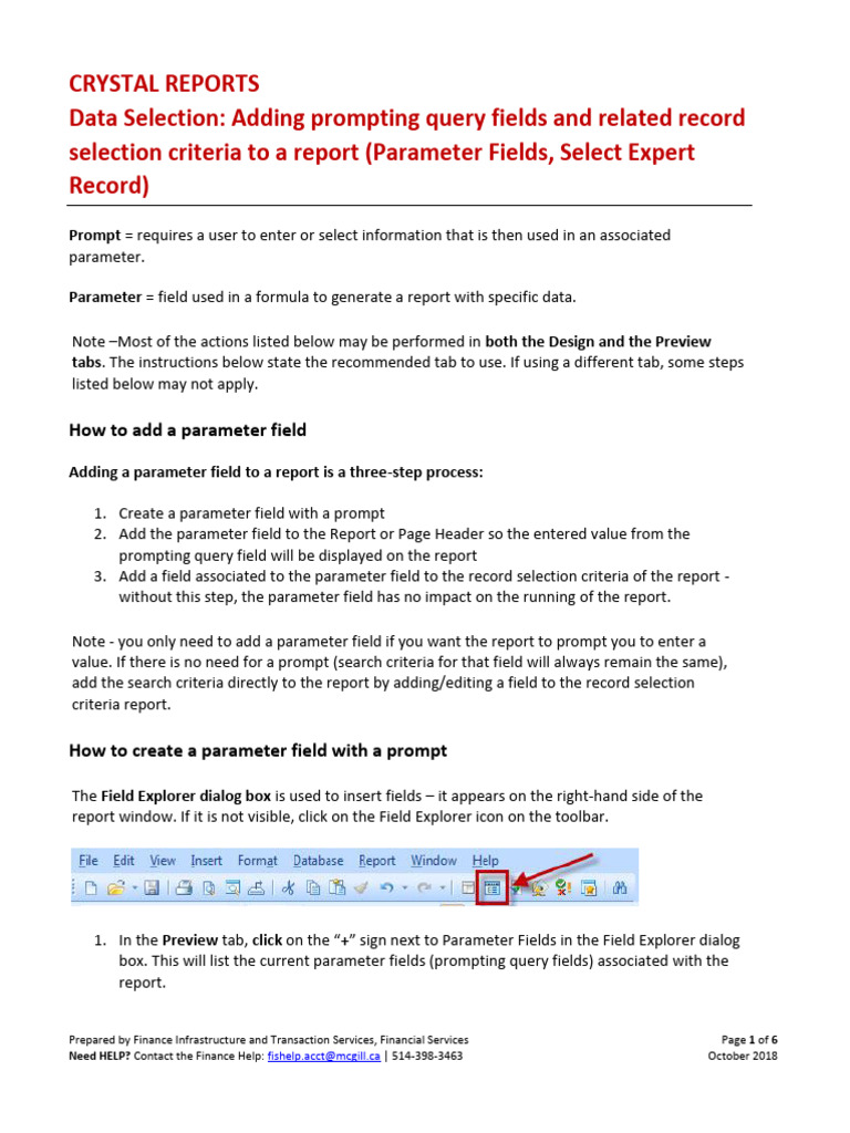 Crystal Reports Data Selection Adding Prompting Query Fields | PDF ...
