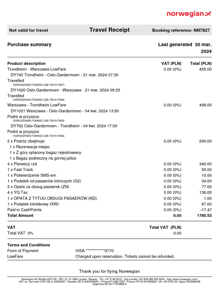 Travel Receipt - NN7827 | PDF | Norwegian Air Shuttle