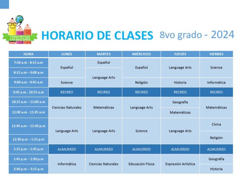 Horario de Clases 8vo Grado 2024 | PDF