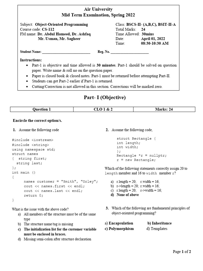 OOP Midterm Exam Questions | PDF | Class (Computer Programming ...