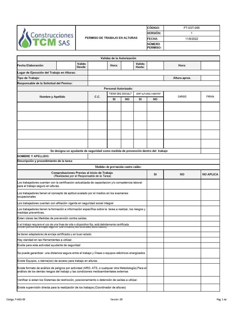 Formato Permiso De Trabajo Seguro En Alturas