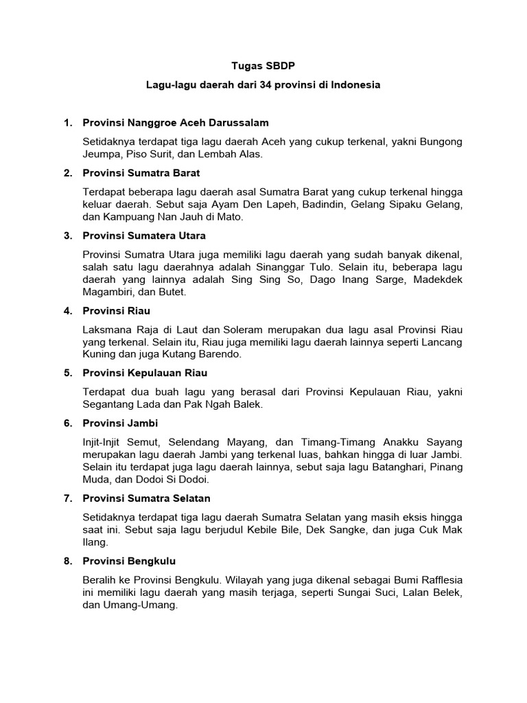 Daftar Lagu Daerah 34 Provinsi Di Indonesia | PDF