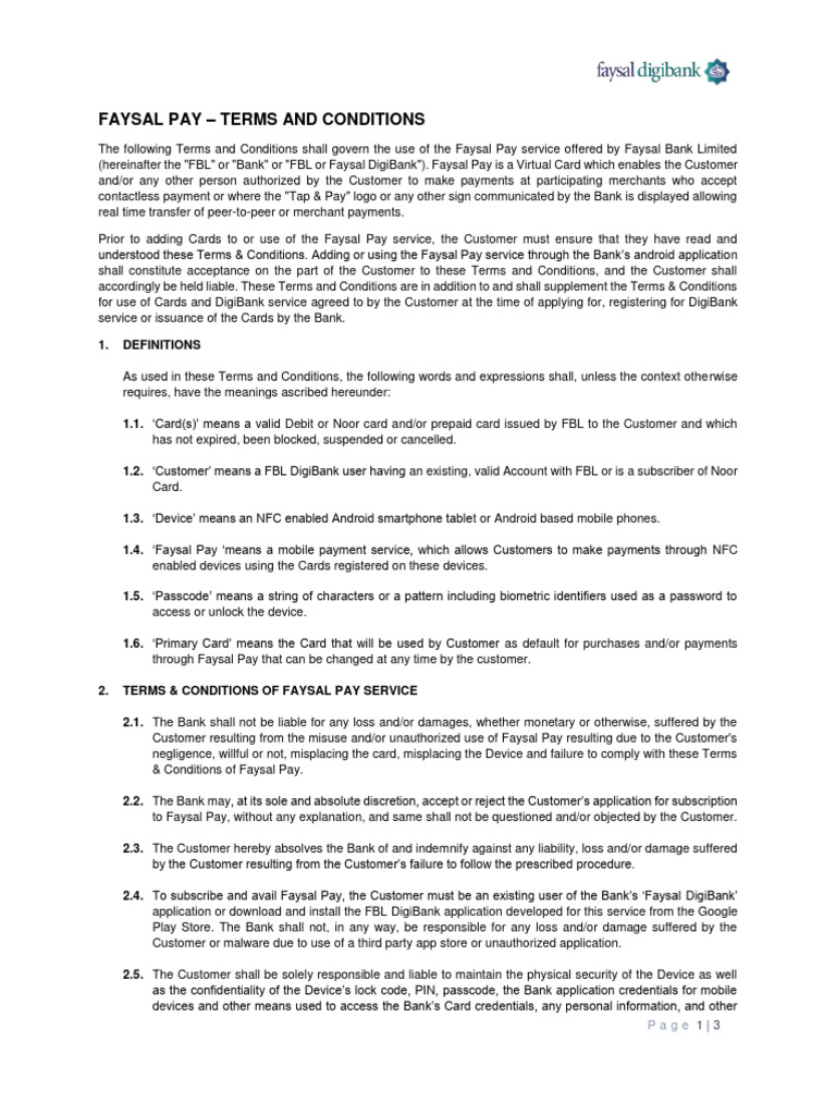 Faysal Pay Terms and Conditions Guide | PDF | Debit Card | Payments