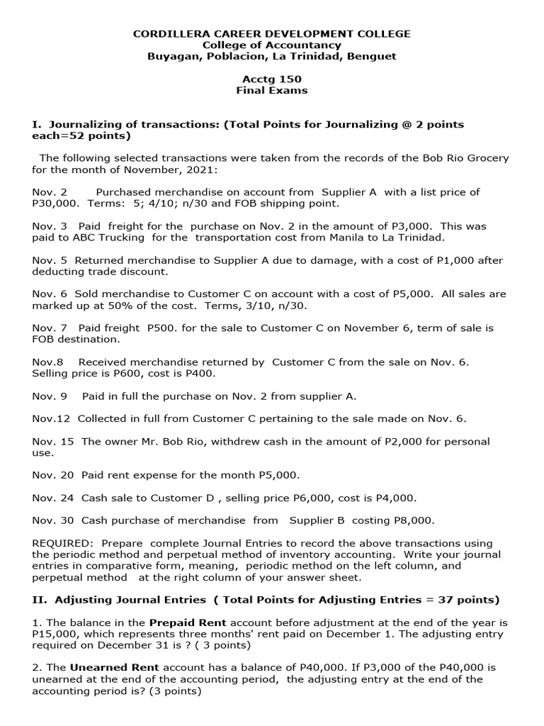 Journal Entries for Accounting Exam | PDF | Debits And Credits | Expense