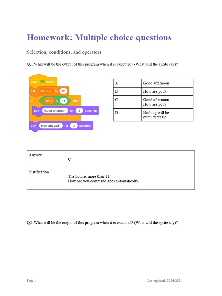 L5 Homework ΓÇô Programming essentials in Scratch part I ΓÇô Y7 | PDF ...