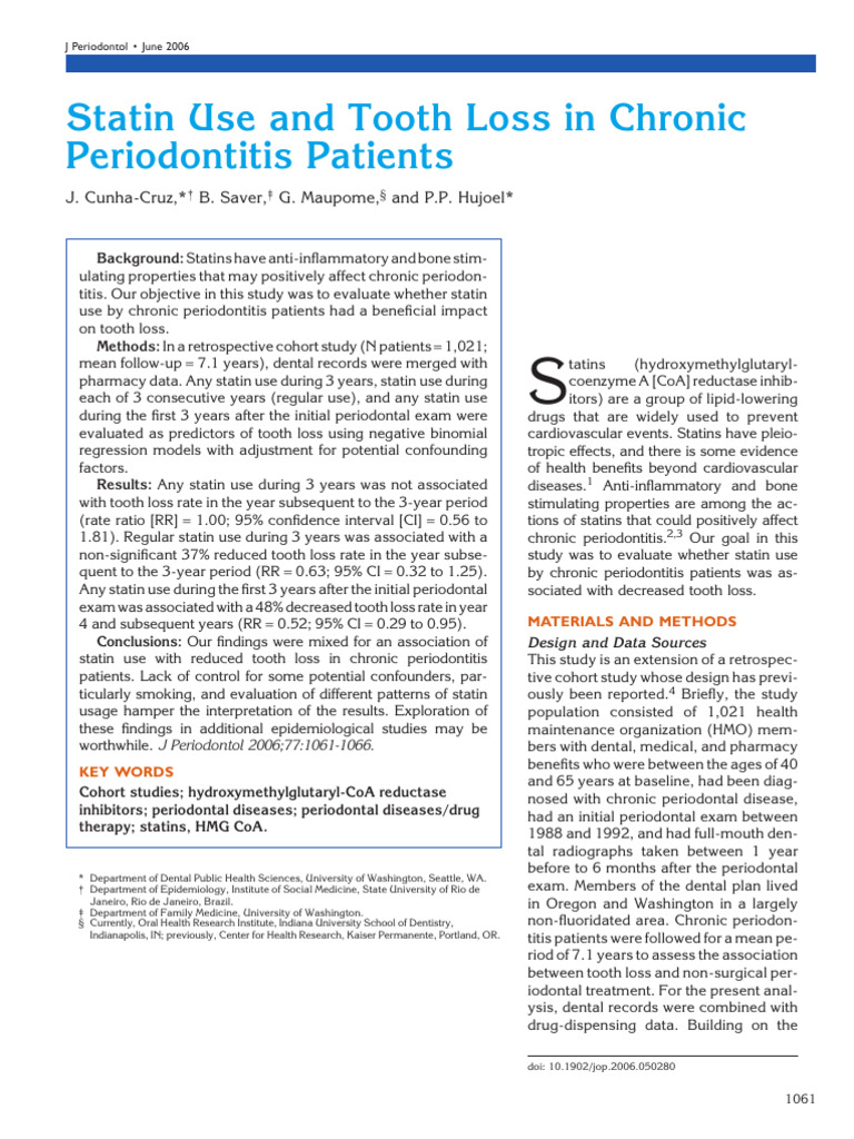 Statins and Tooth Loss in Periodontitis | PDF | Periodontology | Dentistry