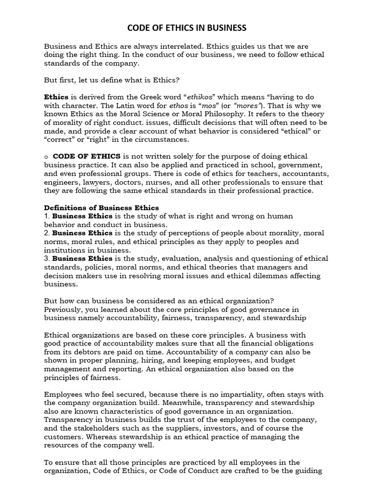 Business ethics lesson 3 code of ethics pdf morality business
