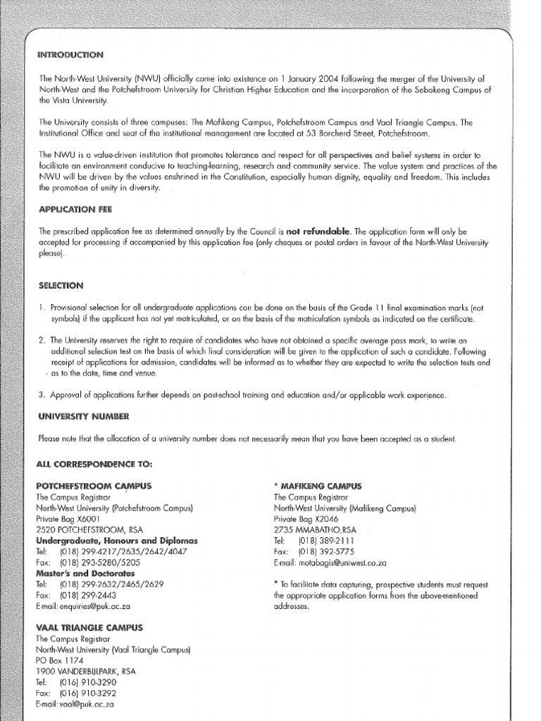NorthWest University Application Form