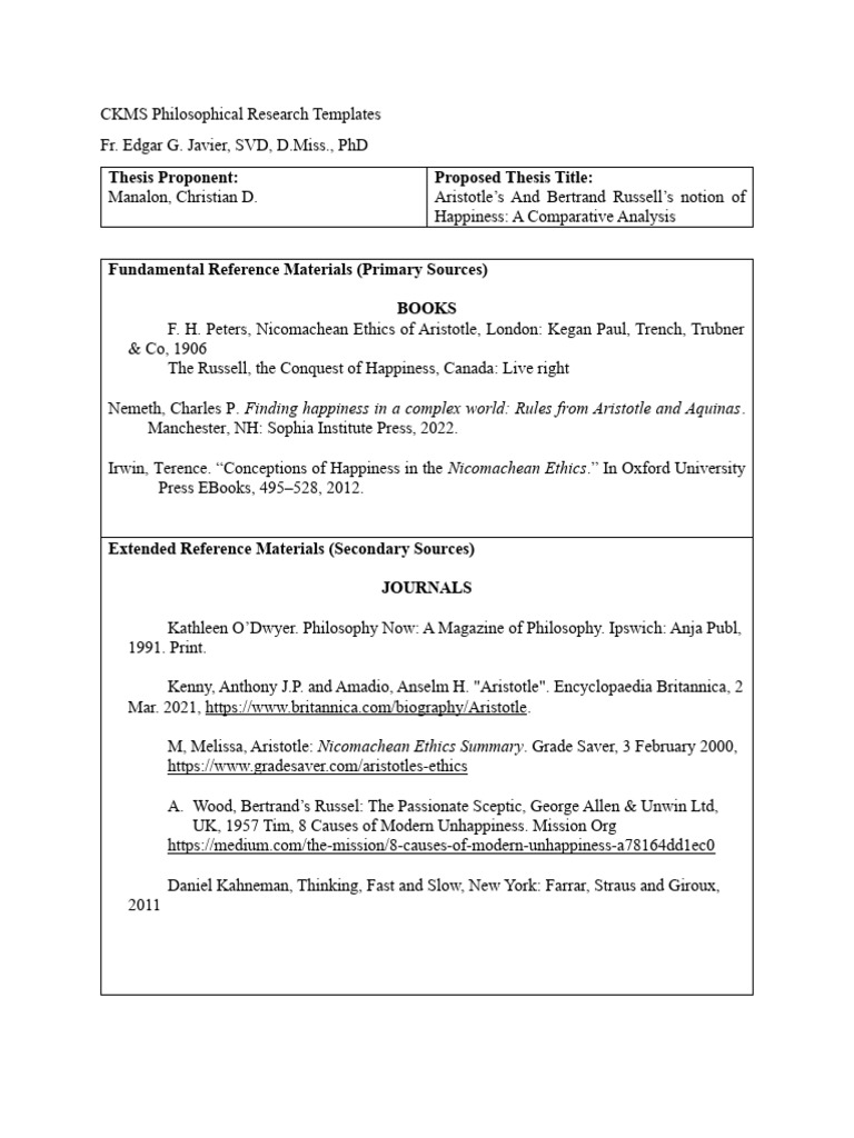 CKMS Philosophical Research Templates 2023 | PDF | Happiness | Aristotle