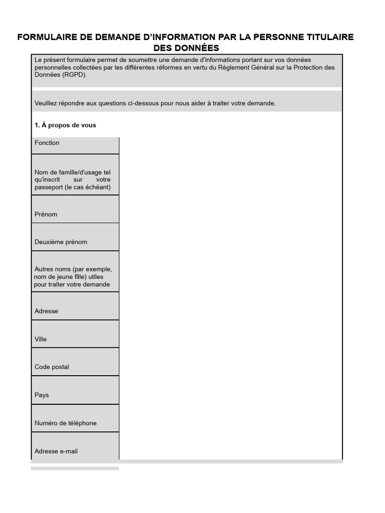 Formulaire de demande d'informations RGPD | PDF