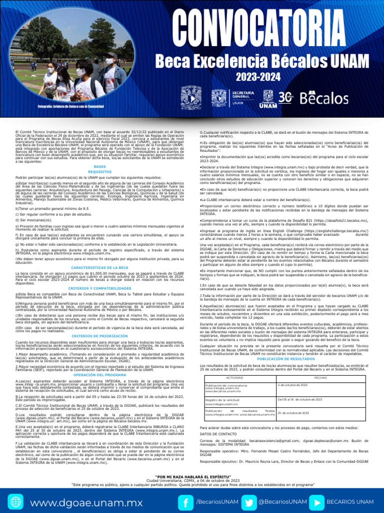 Beca Excelencia Bécalos UNAM 2023-2024 | PDF