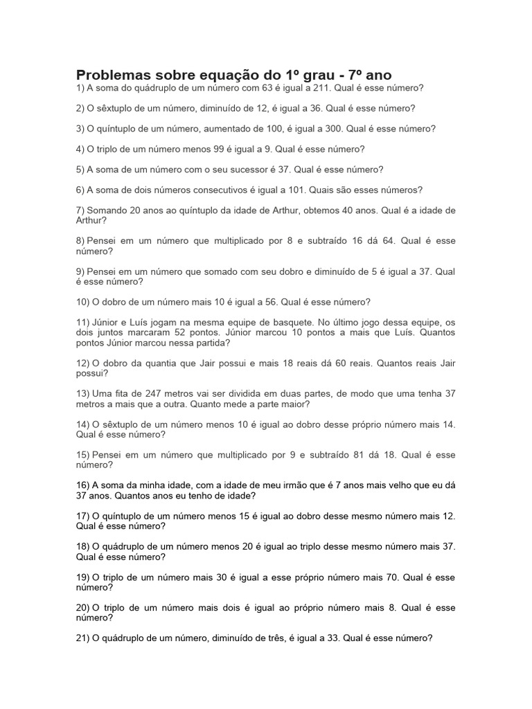 Problemas de Equação do 1º Grau - 7º Ano | PDF | Equações