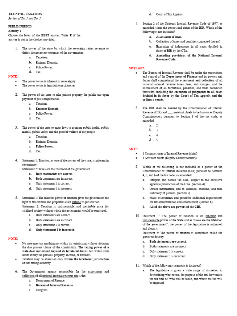 TAX REVIEW Activity 1 Answer Key PDF Value Added Tax Taxes
