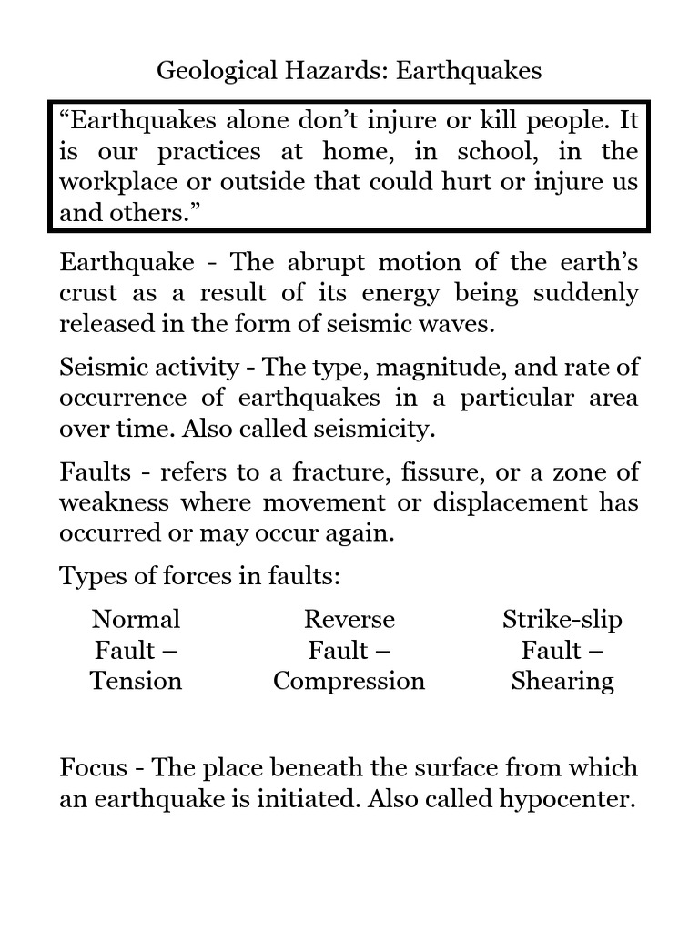 Geological Hazards Earthquake Pdf Earthquakes Fault Geology