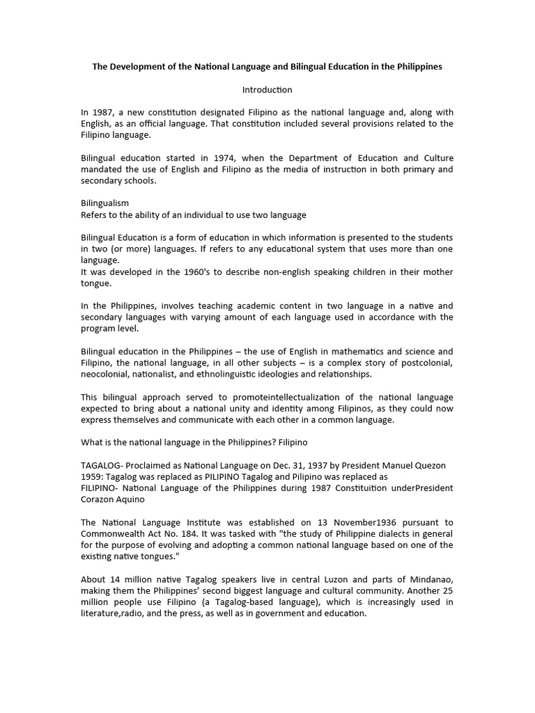 National Language and Bilingual Education in the Philippines | PDF ...