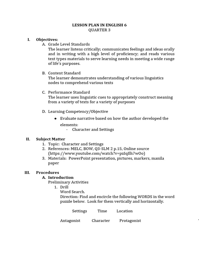 Evaluating Characters and Settings | PDF | Lesson Plan | Learning