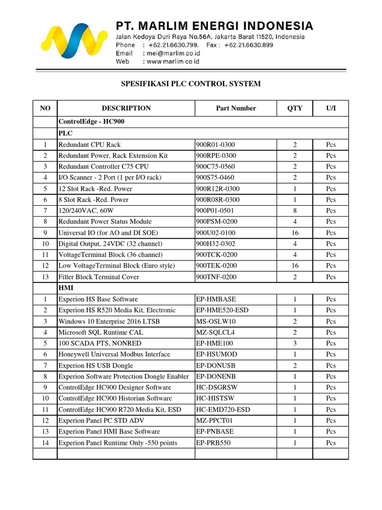 Spesifikasi Material PLC Control System Honeywell | PDF
