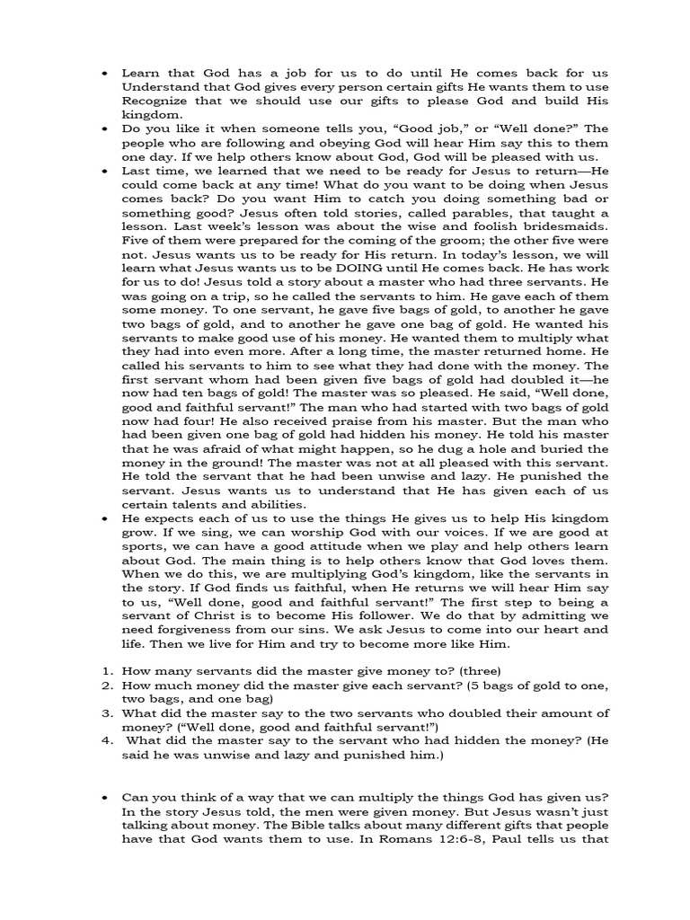 The Parable of The Three Servants or Talents | PDF | Jesus | Religious ...