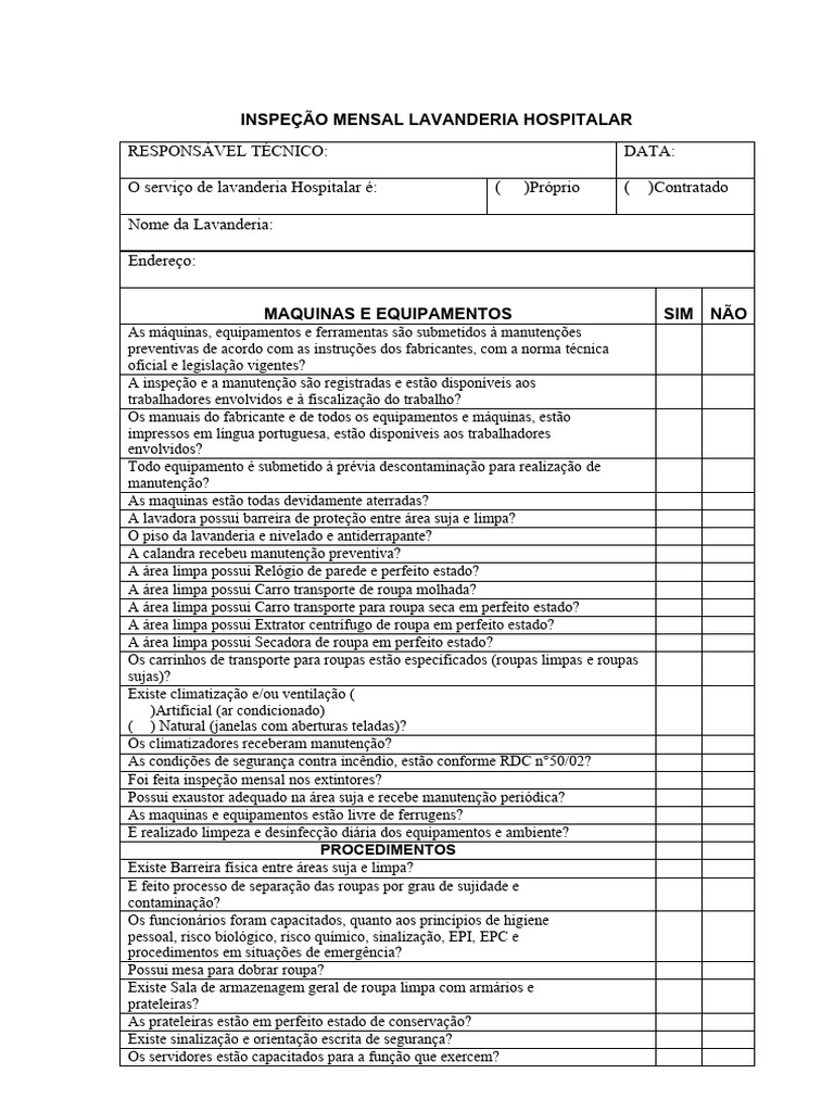 Inspeção Mensal de Lavanderia Hospitalar | PDF | Roupas
