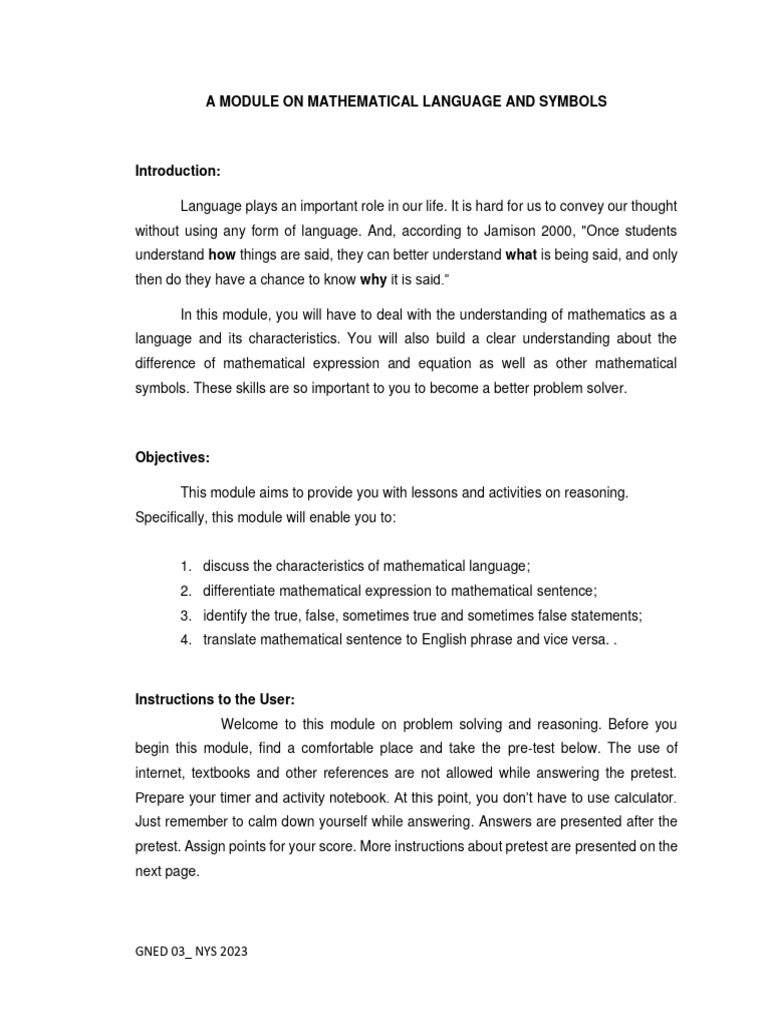Module on mathematical language pdf mathematics variable