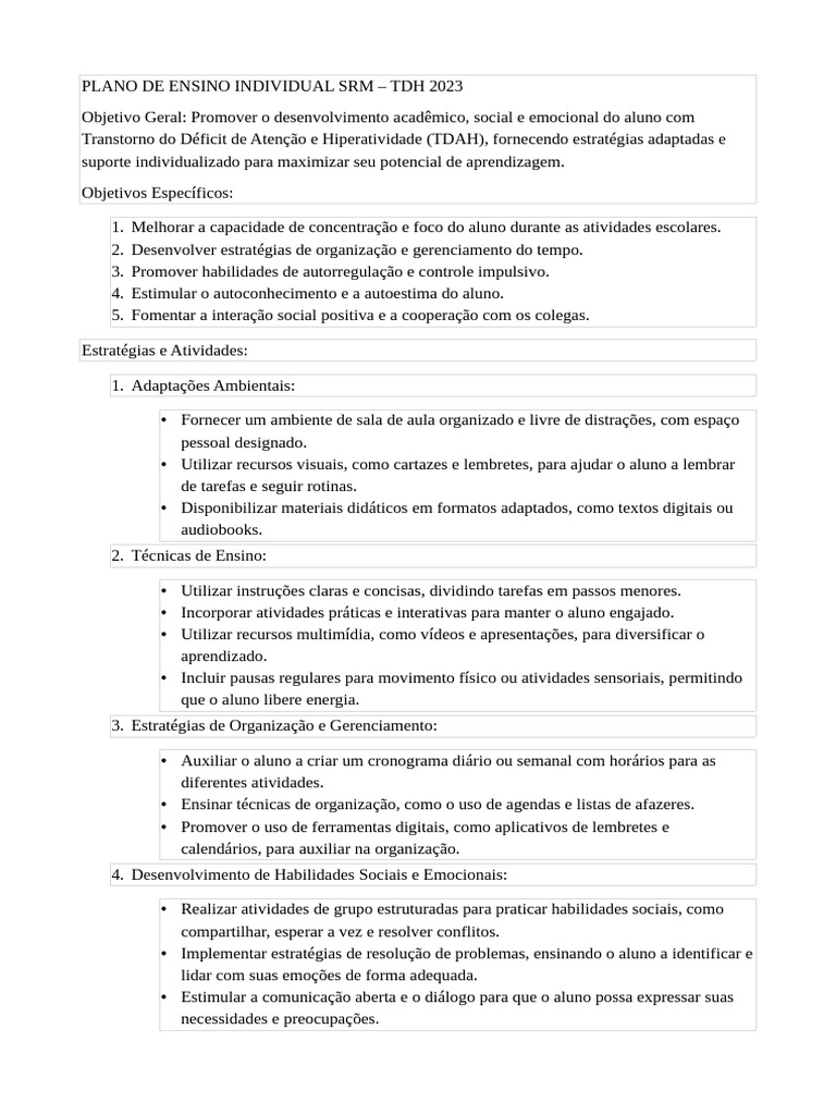 Plano de Ensino Individual para TDAH | PDF | Transtorno de déficit de ...
