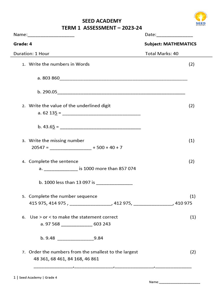 Grade 4 Math Term1 Assessment V1 Pdf Mathematics