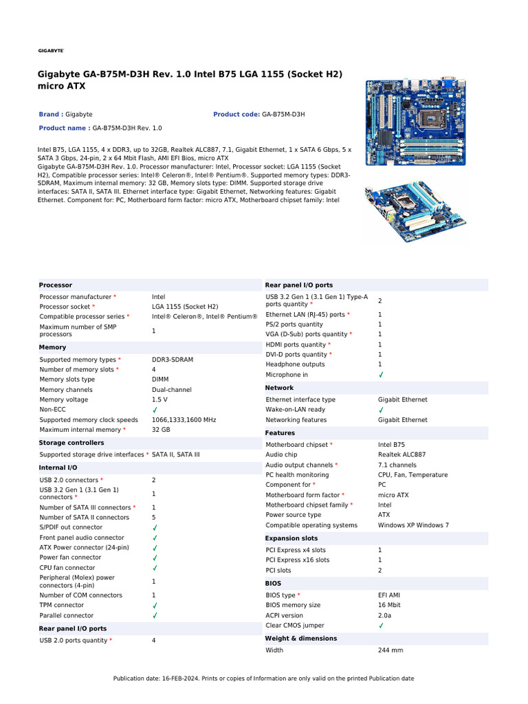 Plaque Arrière I/O Shield – Pour Carte Mère GIGABYTE GA-B75M-D3H REV 1.0