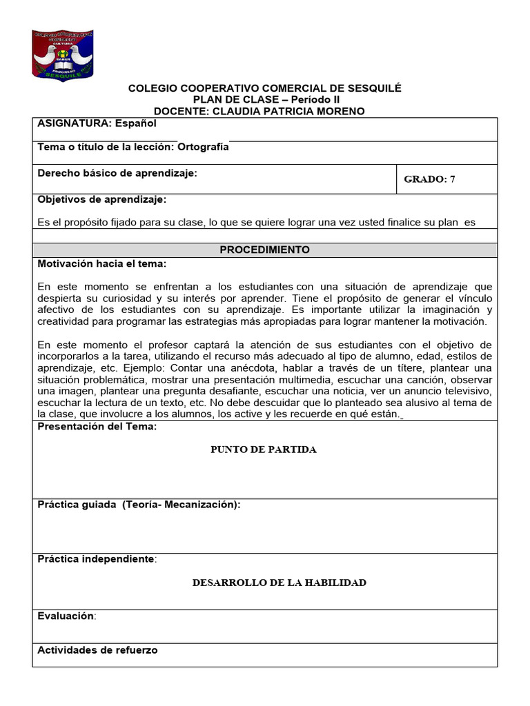 Plan de Clase de Español Grado 7 | PDF | Narración | Aprendizaje