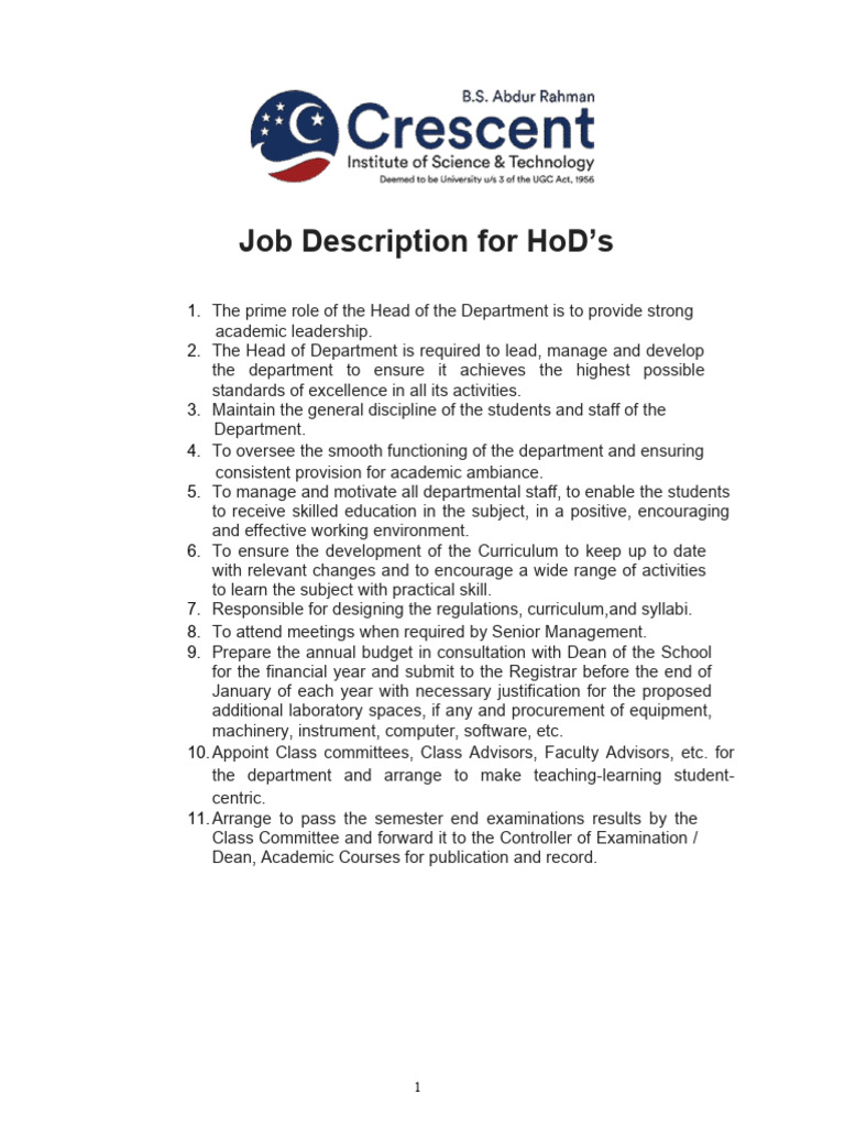 11.job Description For HOD Download Free PDF Curriculum Dean