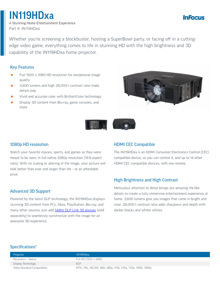 Projector Spec Infocus IN119HDxa1 | PDF | Hdmi | Display Resolution