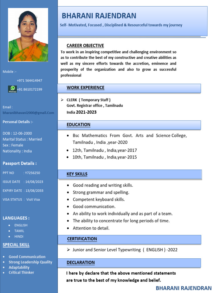 Bharani Rajendran CV 2024 1 | PDF | Cognition