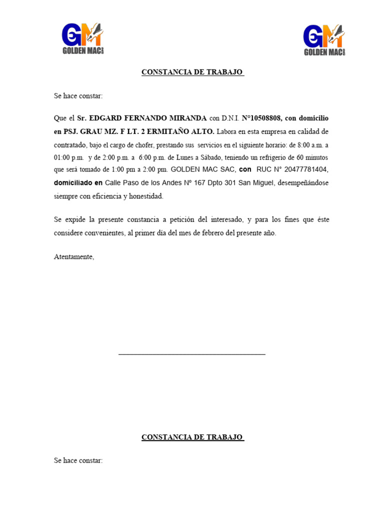 Ejemplo de Constancia de Trabajo | PDF