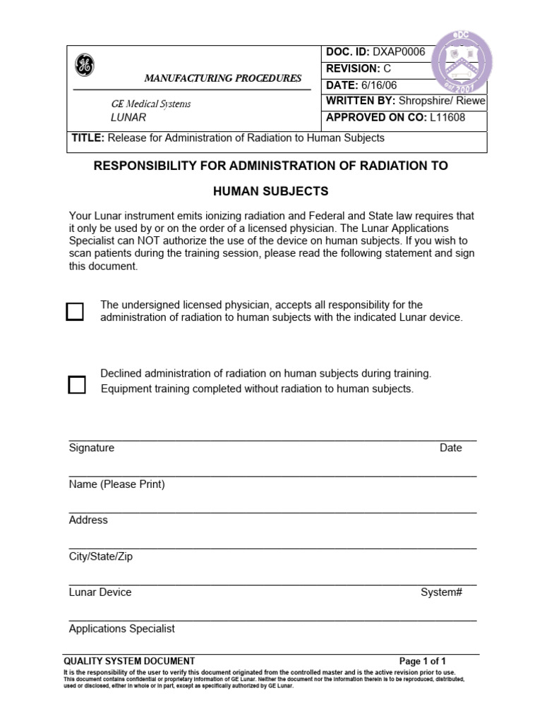 Radiation Administration Consent Form | PDF