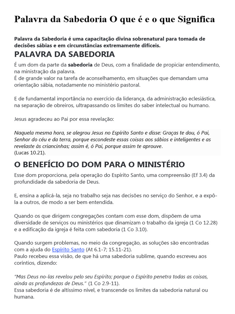 Palavra Da Sabedoria O Que É e o Que Significa Download grátis PDF
