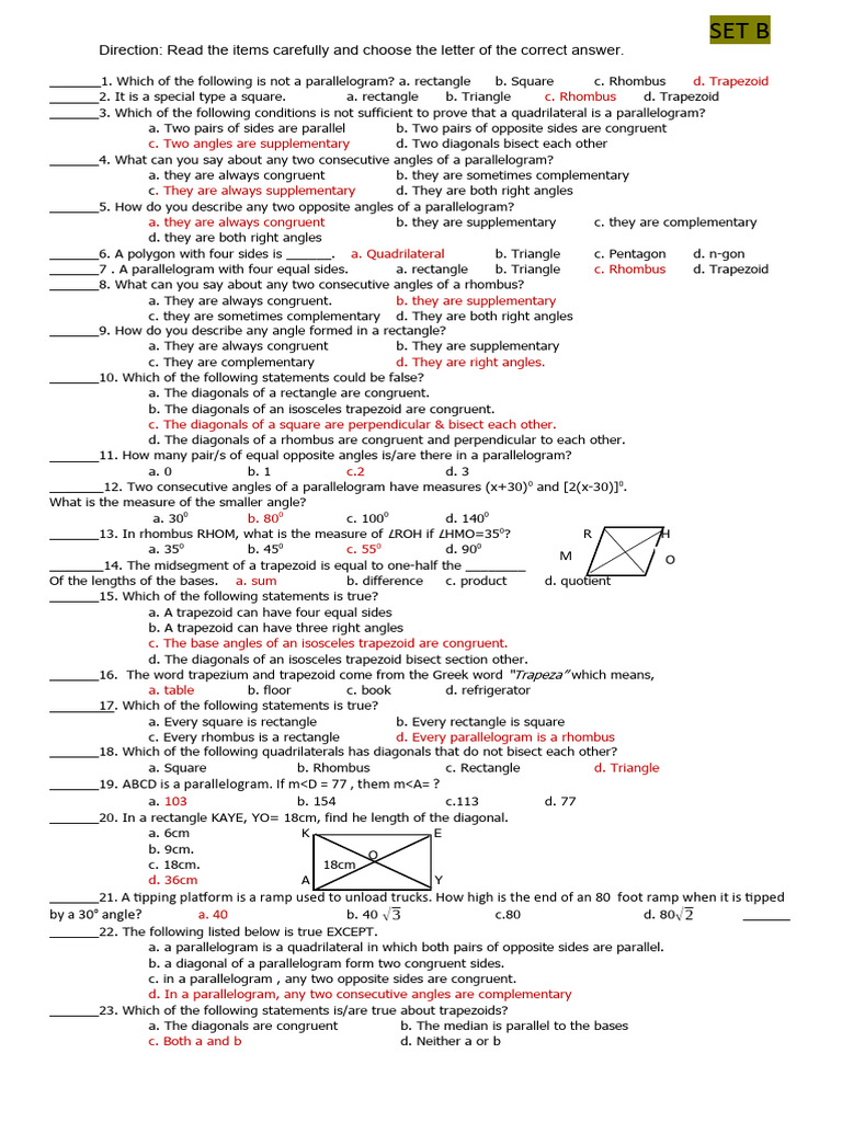 Geometry Quiz: Parallelograms & Trapezoids | PDF | Rectangle ...