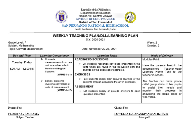 Grade 7 Math Weekly Teaching Plan | PDF | Learning | Teachers