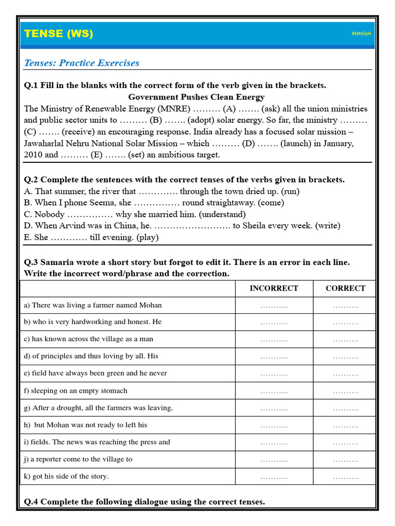Tenses Practice Worksheet for Students | PDF | Grammatical Tense ...