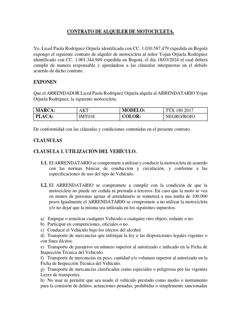 Contrato de Alquiler de Motocicleta | PDF | Daños y perjuicios ...