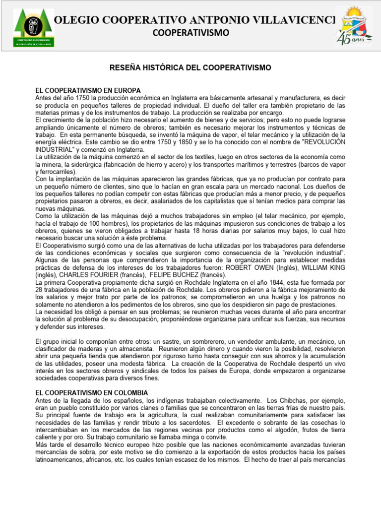 Historia del Cooperativismo en Europa y Colombia | PDF | Cooperativa ...