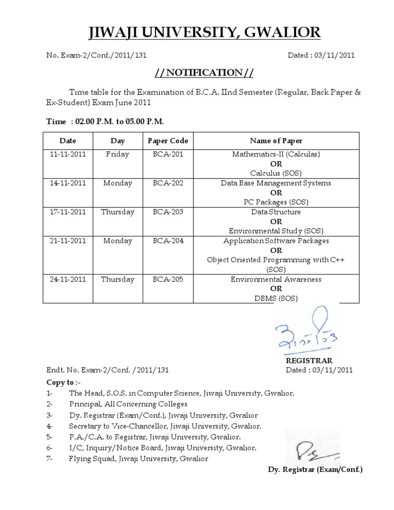 BCA II Semester Exam Timetable 2011 | PDF | Science & Mathematics ...