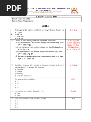 Cryptography Unit 4 MCQs | PDF | Arithmetic | Algebra