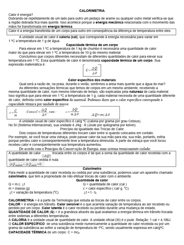 Calorimetria: Conceitos e Cálculos | PDF | Calor | Calorimetria