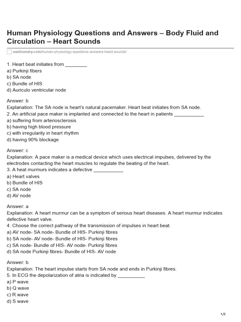 Human Physiology Questions and Answers Body Fluid and Circulation Heart ...