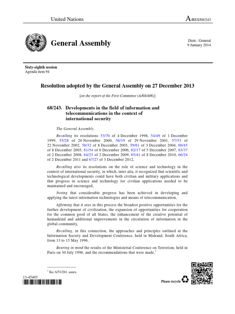 Info Tech & Security: UN Resolution 68/243 | PDF | Information | United ...