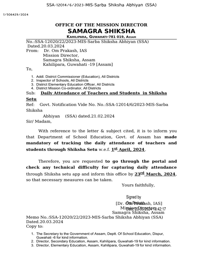 ShikshaSetu Mandatory Attendance Issue (20-3-2024) | PDF